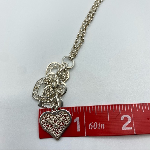 Sterling Silver Open Work Heart Cluster Chain Y-Drop Necklace Ornate Filigree - Picture 10 of 10